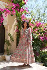The Thyme Dress - turquoise w/ rose pink floral